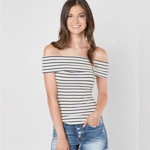 Free People Off-Shoulder Navy Striped Crop Top